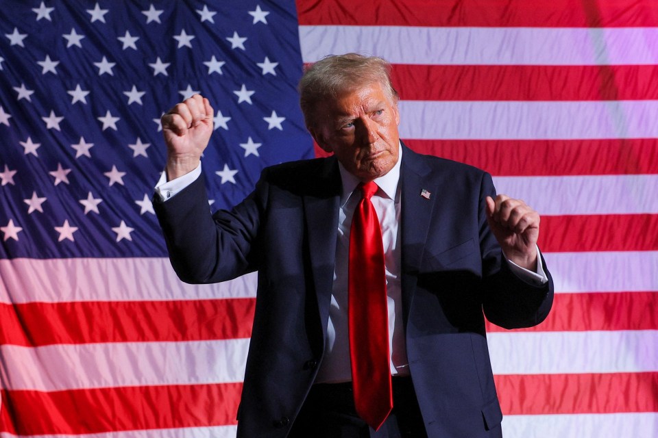 a man in a suit and tie stands in front of an american flag