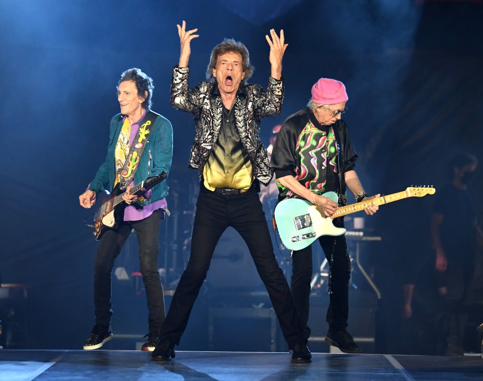 Rolling Stones frontman Mick Jagger on stage with Ronnie Wood and Keith Richards