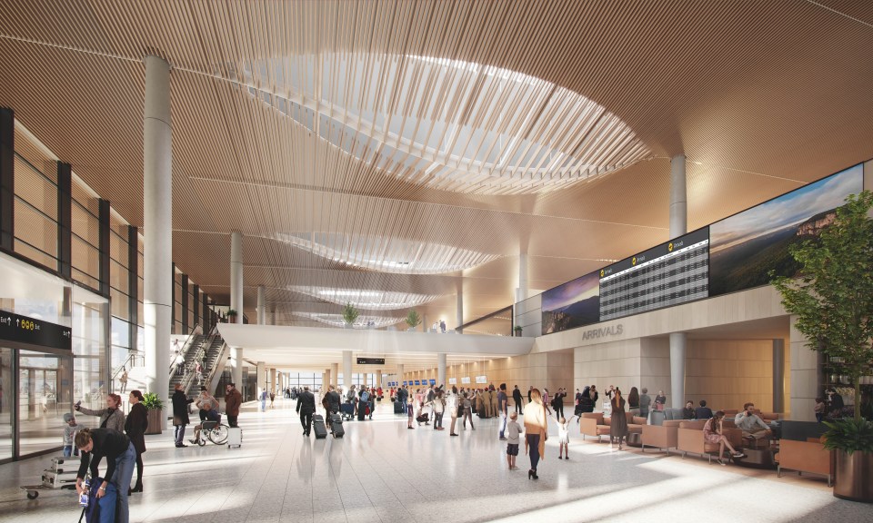 an artist 's impression of the arrivals area at an airport