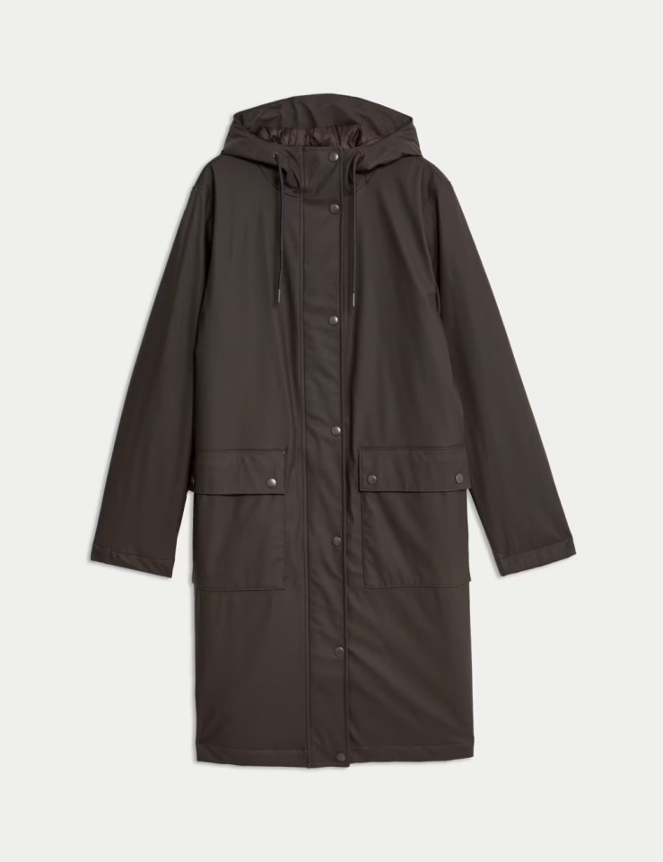 a brown raincoat with a hood and pockets