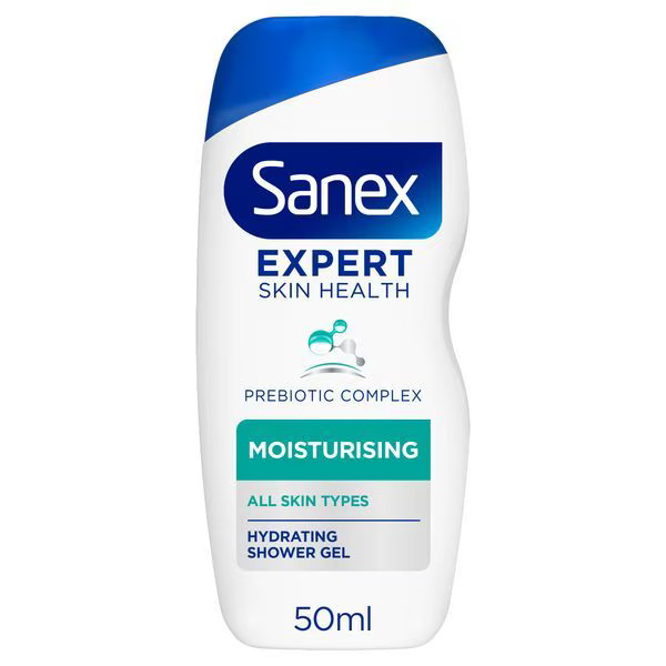 a bottle of sanex expert skin health moisturising shower gel