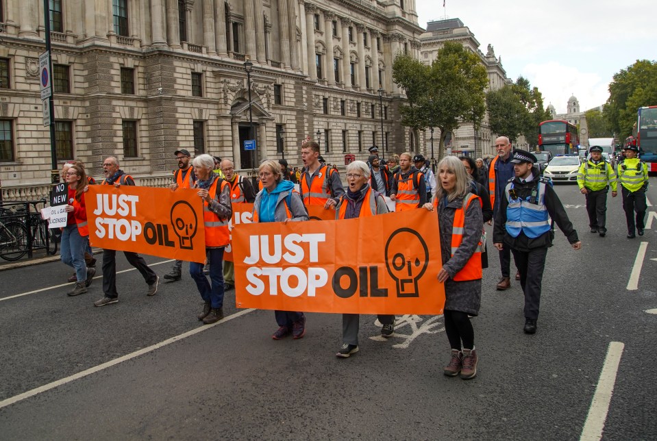 a group of people march down a street holding signs that say just stop oil