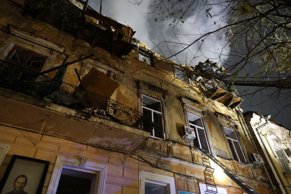 A three-storey residential building in the downtown is damaged by a Russian missile and drone attack in Odesa