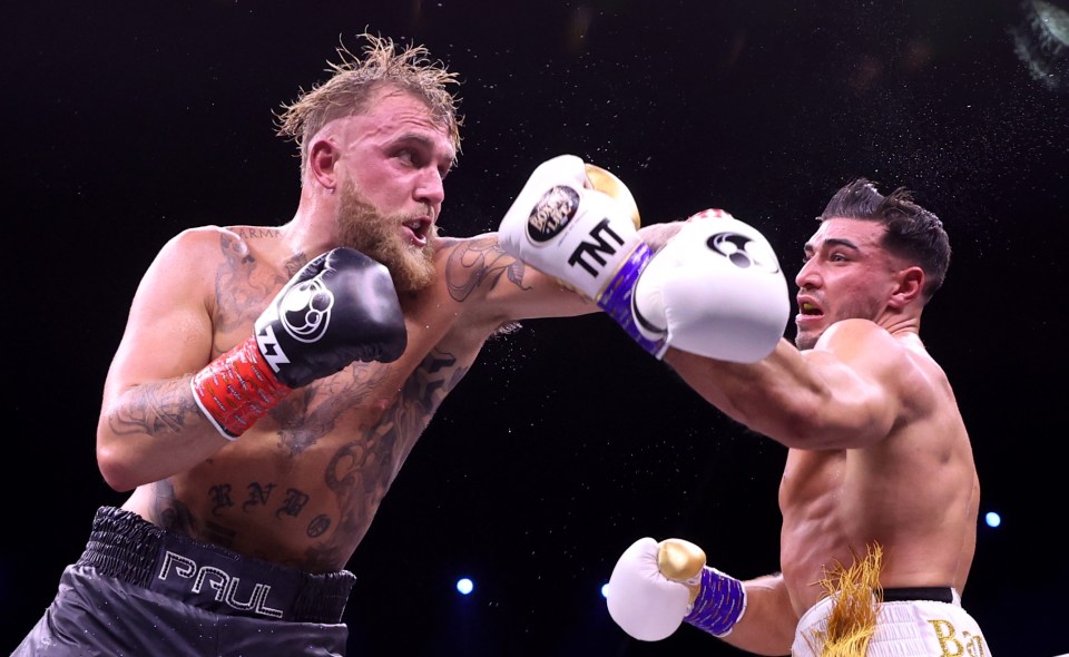 two boxers wearing tnt boxing gloves are fighting