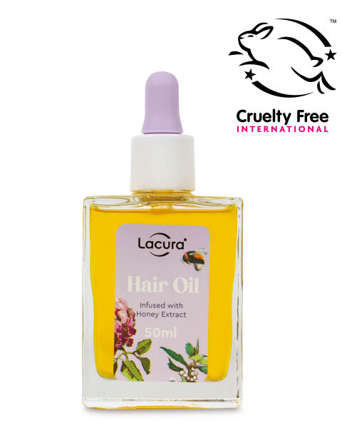 a bottle of lacura hair oil infused with honey extract