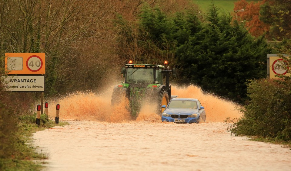 A heavily flooded road in Somerset on Monday morning