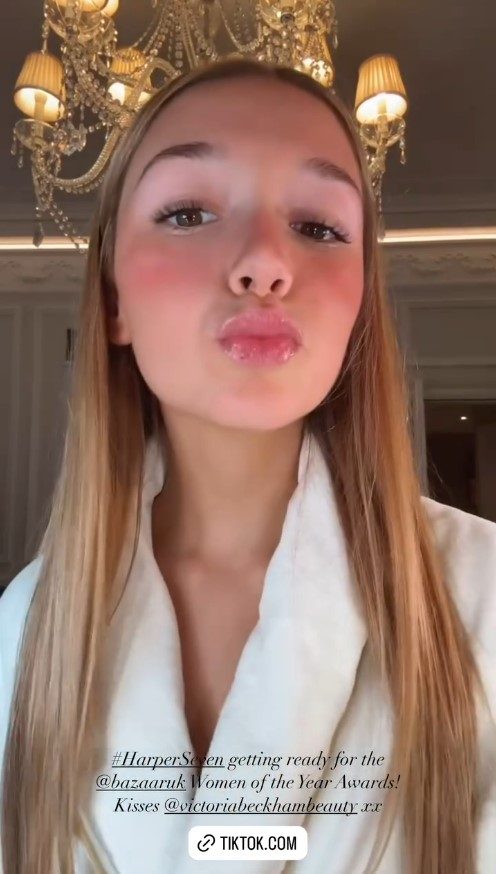 Victoria and David Beckham’s daughter Harper shows how she did her make up for a Harpers Bazaar event