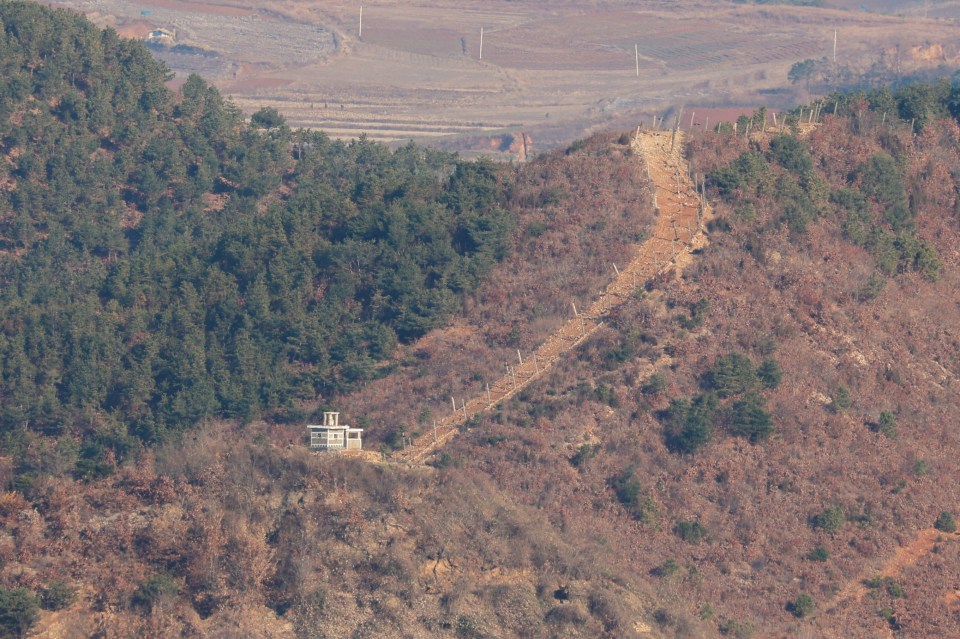 A view shows North Korea’s guard post in this picture taken from the Starbucks store