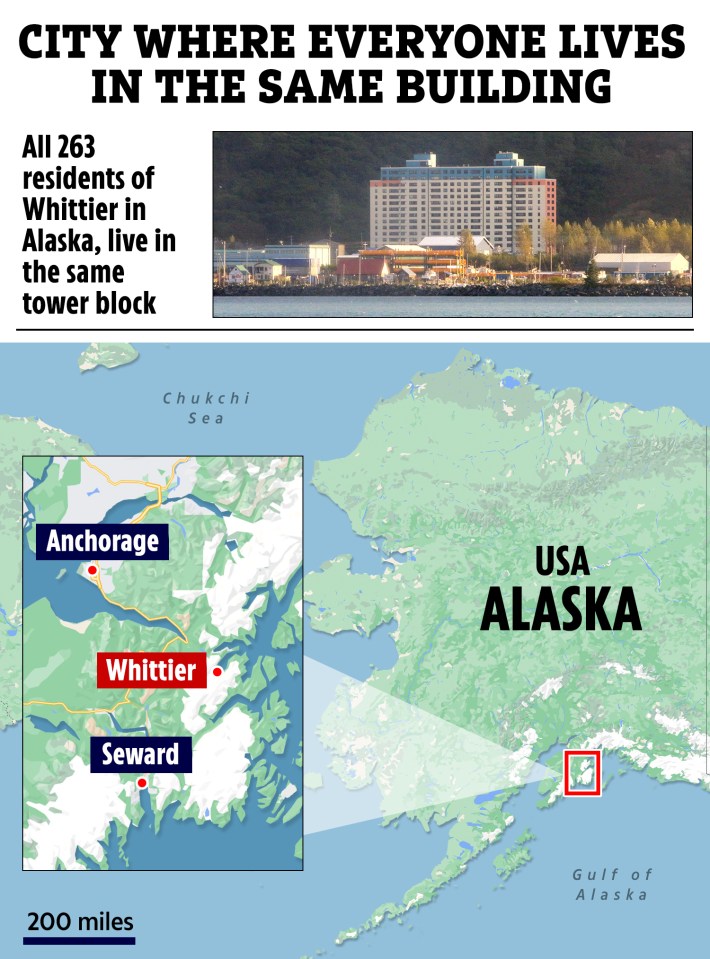 Map of Alaska showing Whittier, where all 263 residents live in one building.