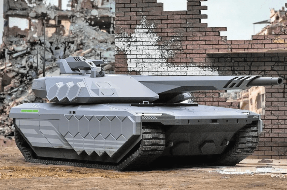 a futuristic tank is parked in front of a brick wall