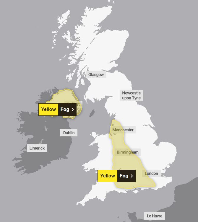 A yellow fog warning was put in place for Northern Ireland and swathes of southern, central and western England up until this morning.