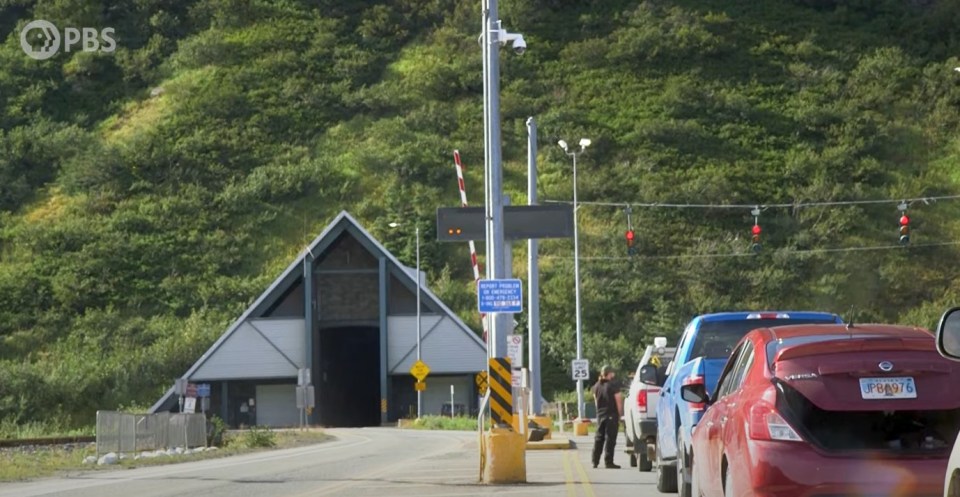 Cars waiting at the entrance to a tunnel in Whittier, Alaska.