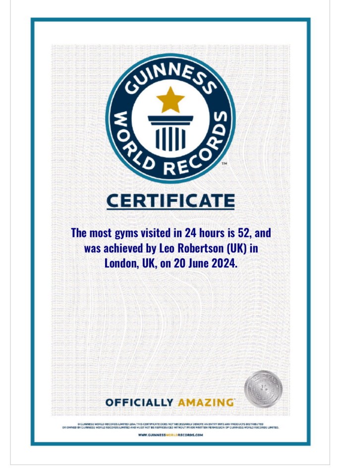 a guinness world records certificate for the most gyms visited in 24 hours