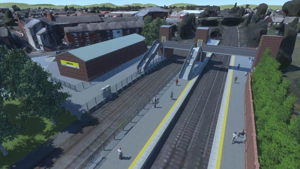 an artist 's impression of a train station with a yellow sign that says clarks