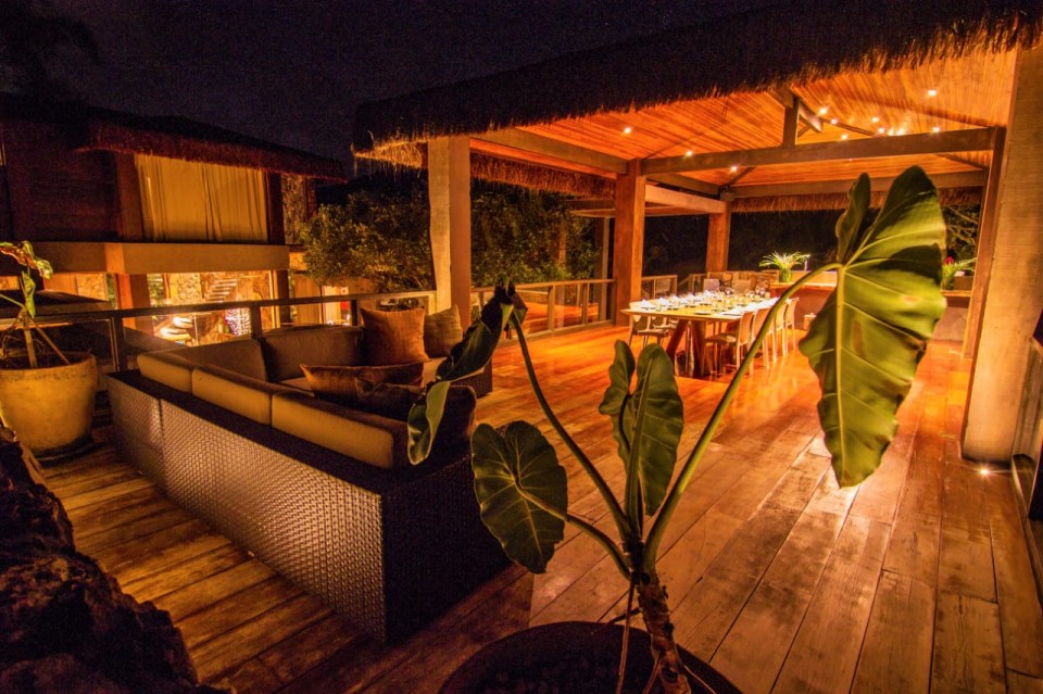 a wooden deck with a couch and a plant