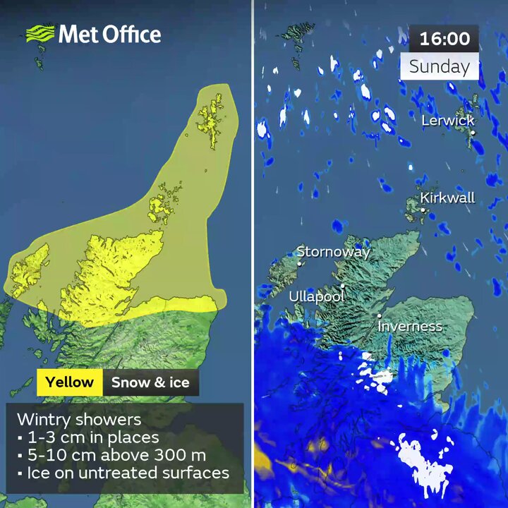 a met office map showing yellow snow and ice