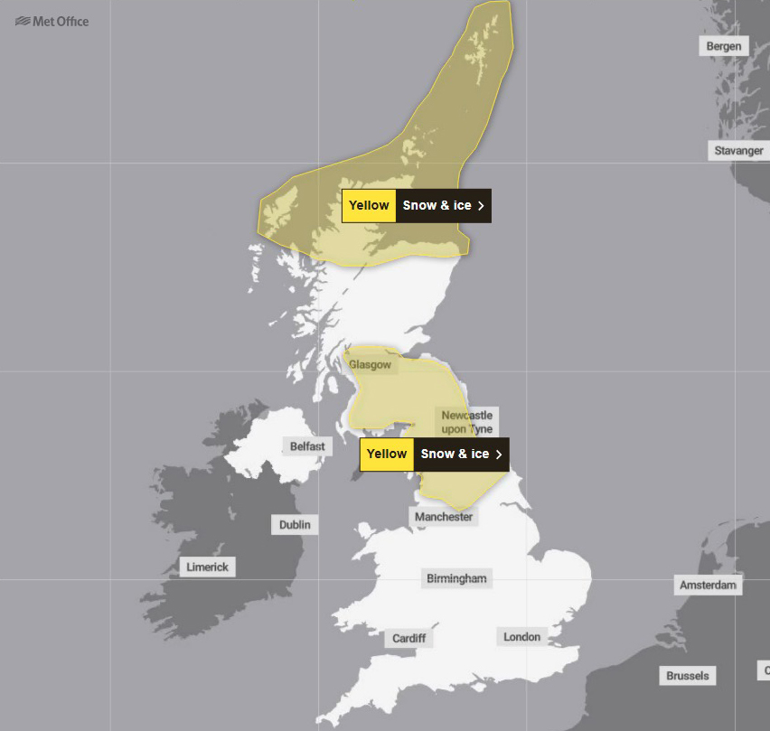 a map of the united kingdom showing snow and ice