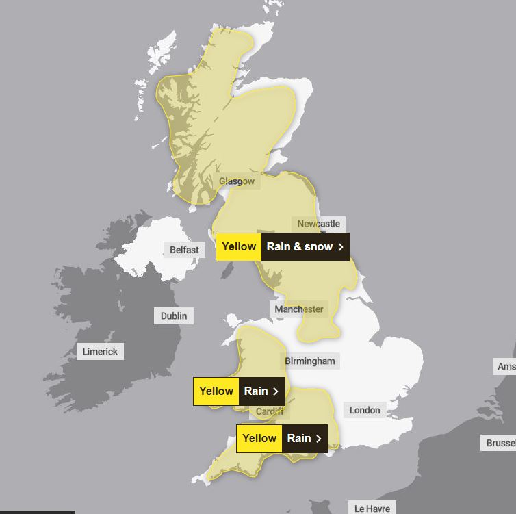 a map of the united kingdom showing areas of rain and snow