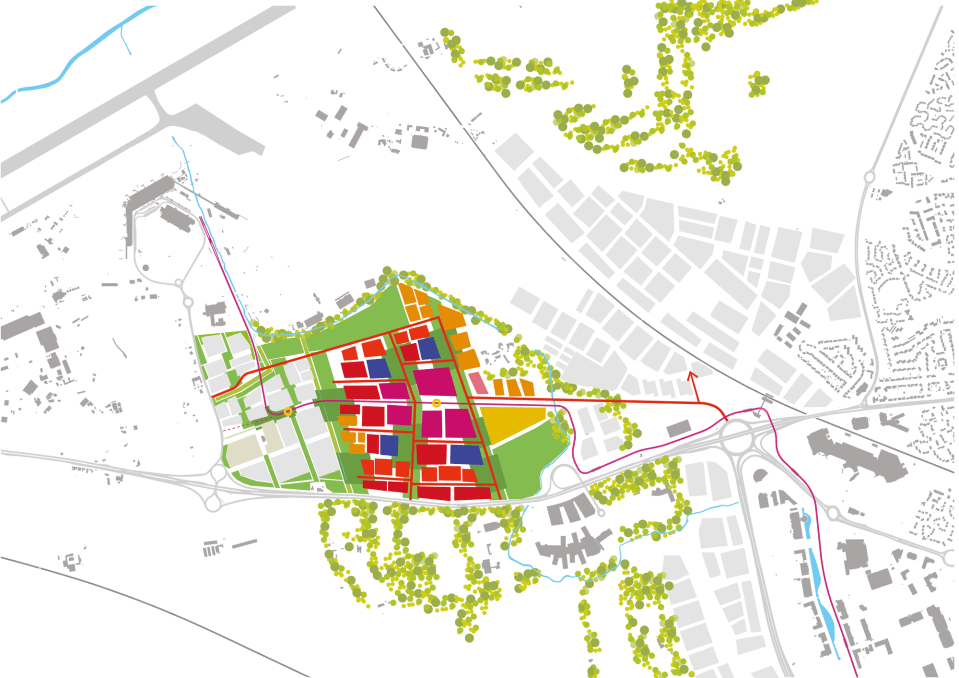 Masterplan for a 7,000-home development in Edinburgh, showing mixed-use zoning, transport links, and green spaces.