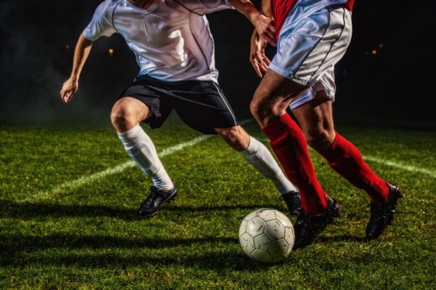 Two soccer players vying for the ball.