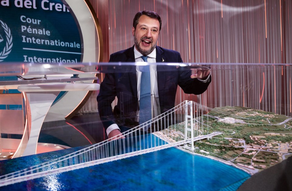 Italian Minister of Infrastructure and Transport, Matteo Salvini, shows the model of the bridge project over the Strait of Messina