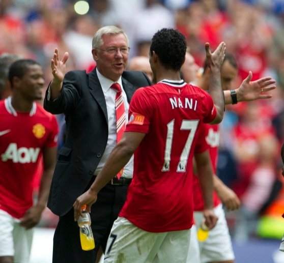 Manchester City v Manchester United The FA Community Shield 7/8/11 Pic Richard Pelham Sir Alex Ferguson & Nani celebrate