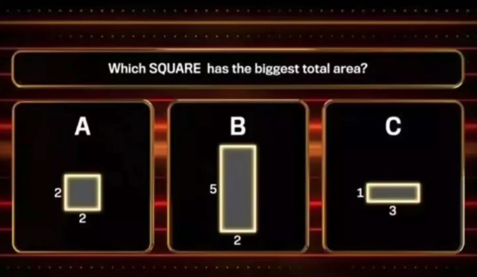 The 1% Club quiz question: Which square has the largest area?  Options show squares with dimensions 2x2, 5x2, and 1x3.