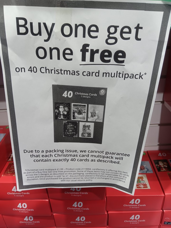 Buy one, get one free on 40-pack Christmas cards.  May not contain exactly 40 cards due to packing issues.