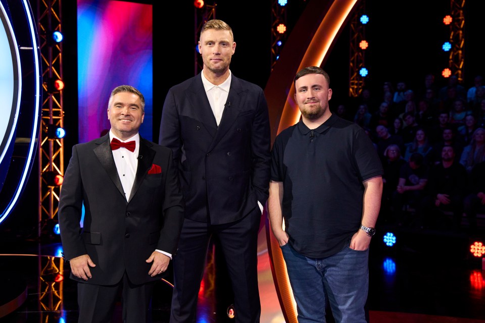 Richard Ashdown, Freddie Flintoff, and Luke Littler on the set of Bullseye.