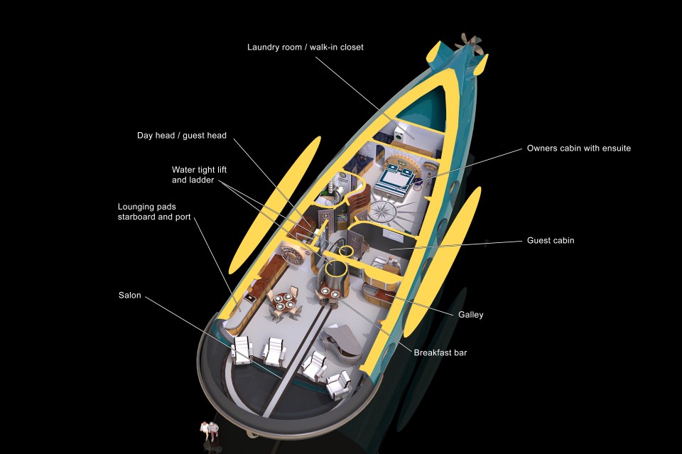 The remarkable vessel would include oppulent cabins, a dining room, and a laundry room