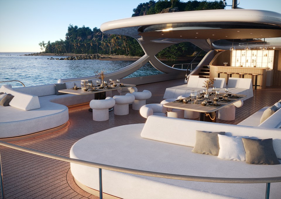 The top deck features a bar, and an elaborate outside seating area for daytime sunbathing and fine dining by night