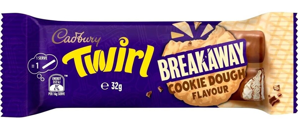 The Breakaway Cookie Dough X Twirl Bar features layers of crunchy biscuit pieces and a chewy cookie dough filling.