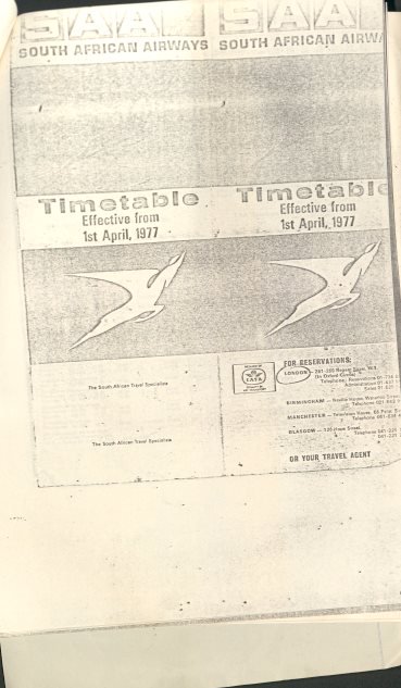 South African Airways timetable, effective April 1977.