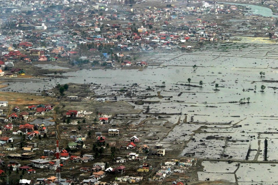 An aerial view of the devastated coastal area in Banda Aceh on 26 February 2005 after the Boxing Day tsunami