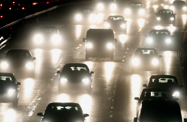 Traffic jam on a highway at night.