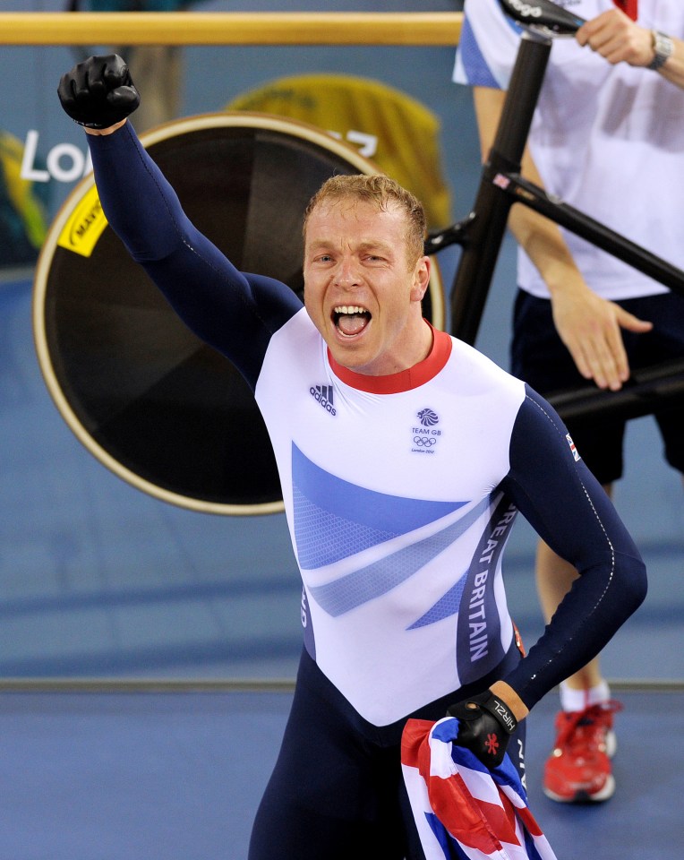 Sir Chris Hoy celebrates winning a gold medal at the 2012 London Olympics.