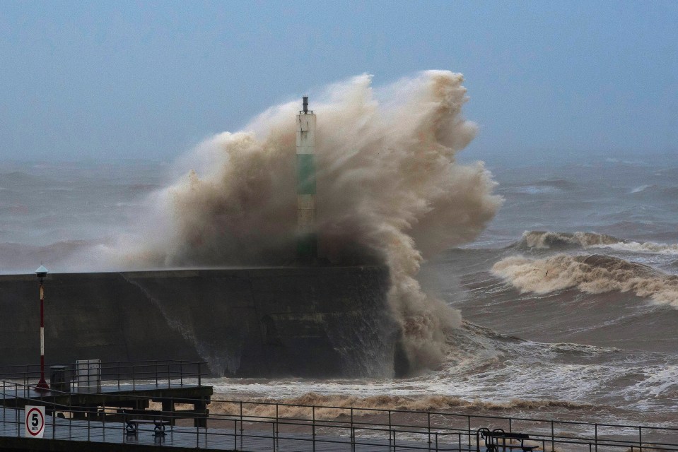 Huge waves on the coast of Aberystwyth, in Ceredigion, Wales