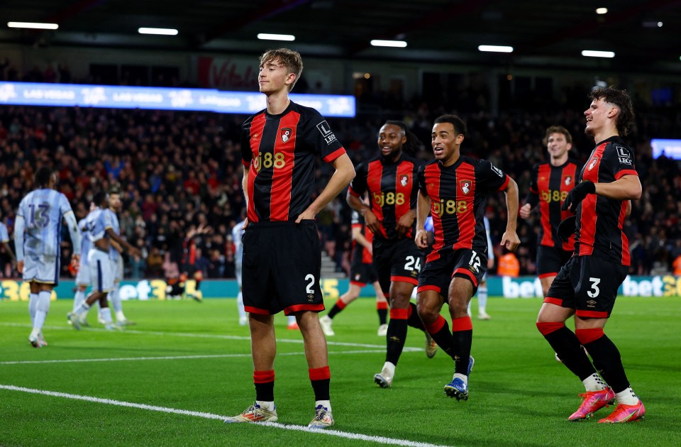 Dean Huijsen celebrates his goal against Tottenham