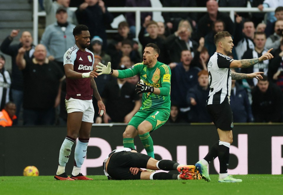 Aston Villa's Jhon Duran reacts after a red card.