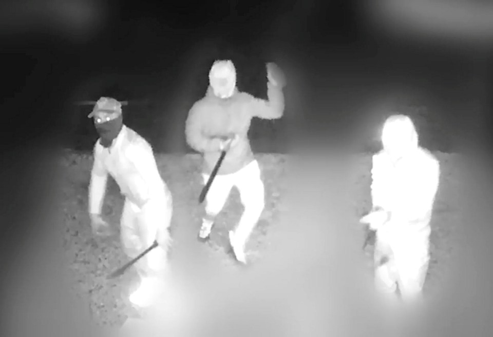 CCTV footage of three masked individuals attacking a house.