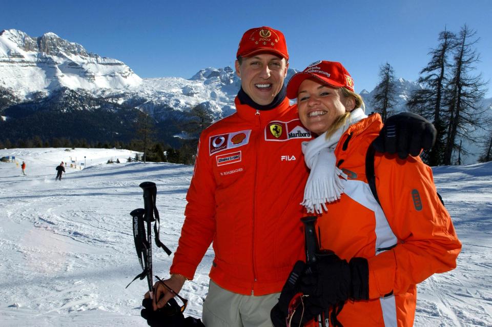 Schumacher poses in Madonna di Campiglio with his wife Corinna in 2003