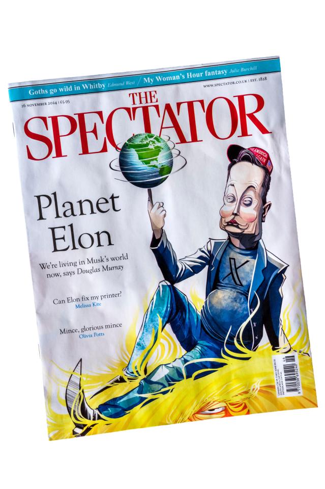 This cover of The Spectator features a caricature of Elon Musk