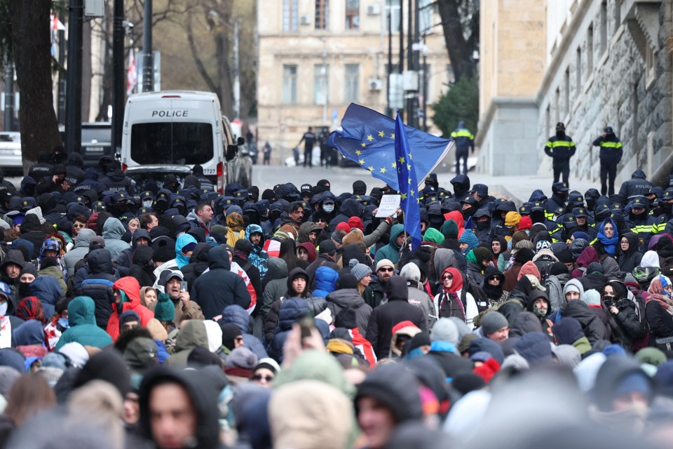 Anti-government protesters demonstrate outside the Georgian parliament building.