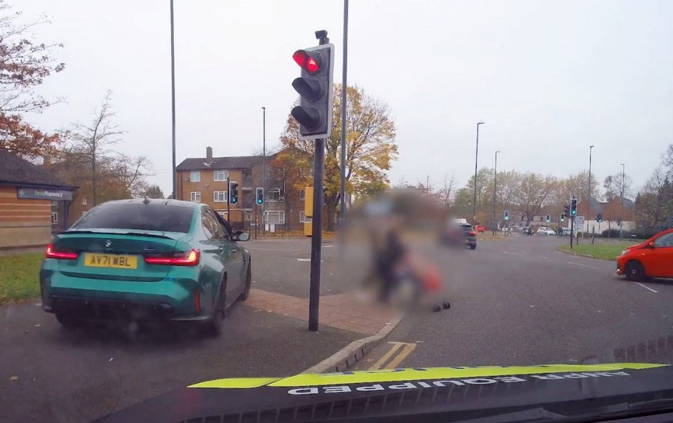 Heart-stopping video also shows a couple with a pushchair leap out of the way