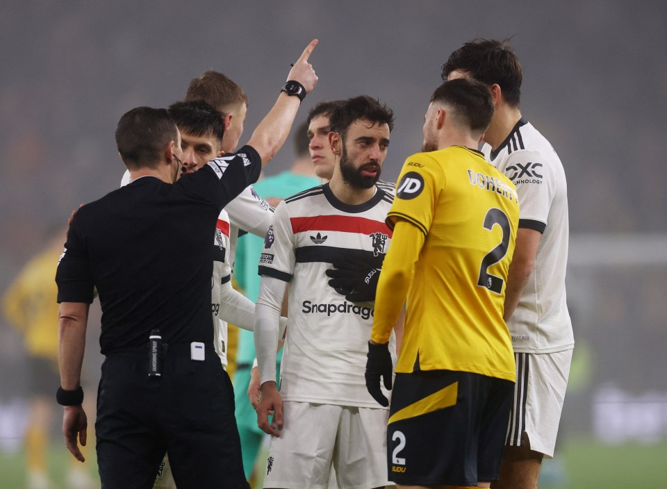 Bruno Fernandes was sent off 90 seconds into the second half at Wolves