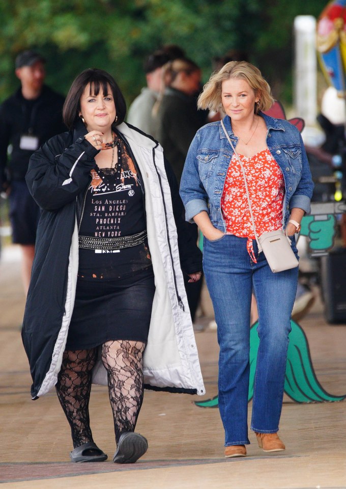 Ruth Jones, who plays Nessa Jenkins and Joanna Page, who plays Stacey Shipman filming for the Christmas Day special at Barry in Wales.