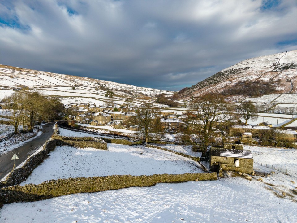 Snow-covered village in Swaledale, Yorkshire Dales National Park.