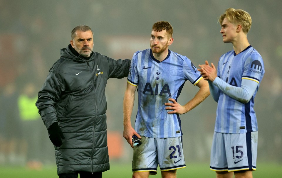 Tottenham Hotspur manager Ange Postecoglou and players Lucas Bergvall and Dejan Kulusevski looking dejected after a match.