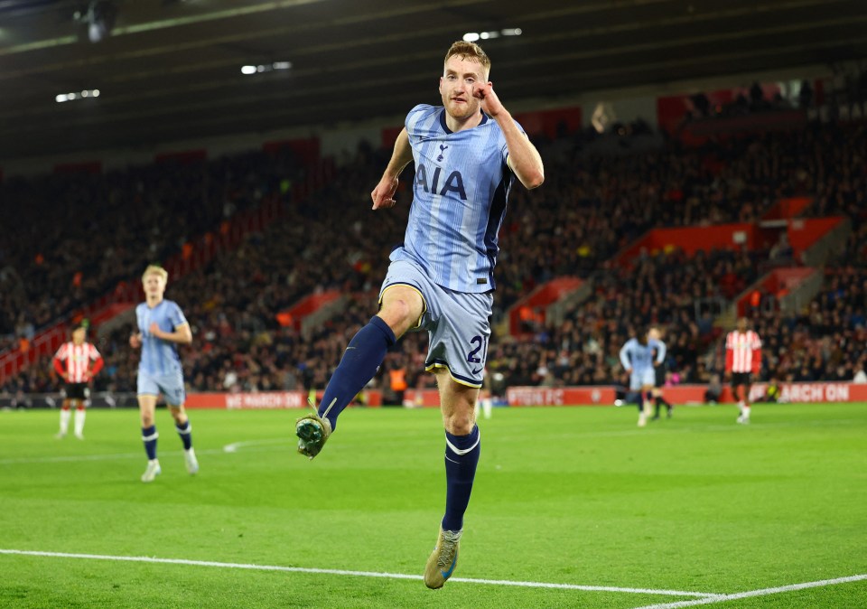 Dejan Kulusevski of Tottenham Hotspur celebrates scoring a goal.