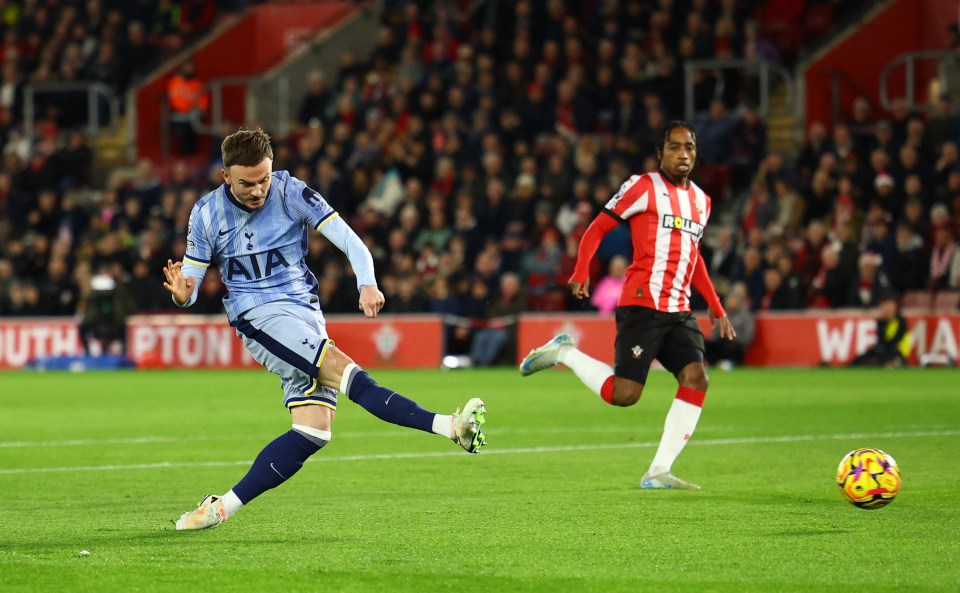 James Maddison of Tottenham Hotspur scores a goal.